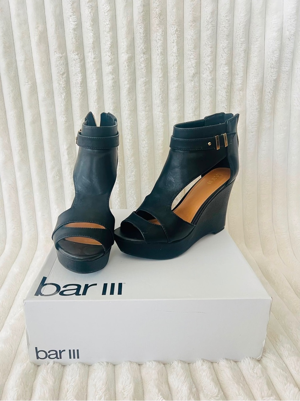 Bar III Black Peep-Toe Ankle Wedge Sandals